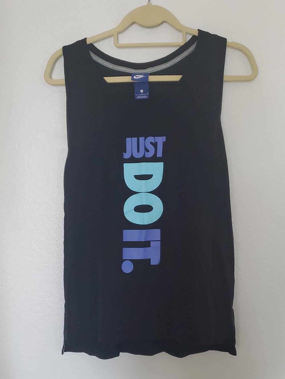 Nike Black Tank with Vertical Blue and Aqua "JUST DO IT." Graphic